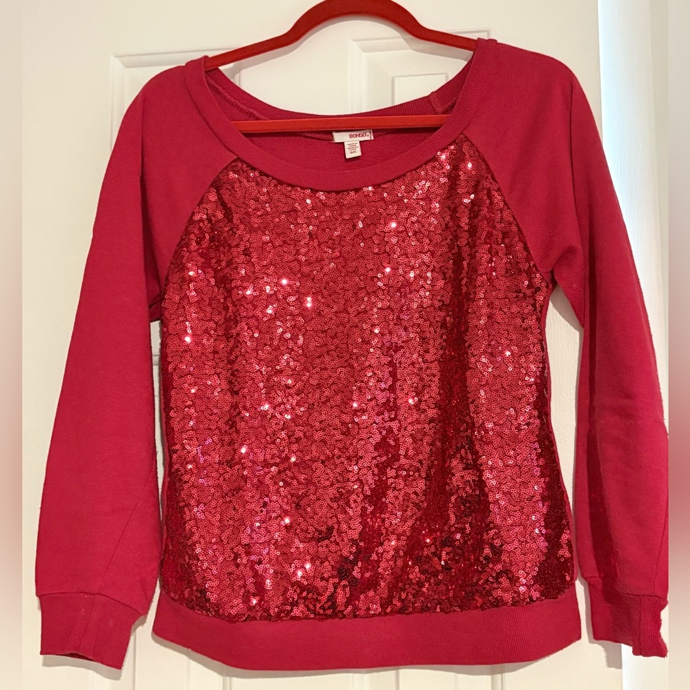 Sparkle on Galentine's or Valentine's in this Red Sequin Sweatshirt Bongo jeans.